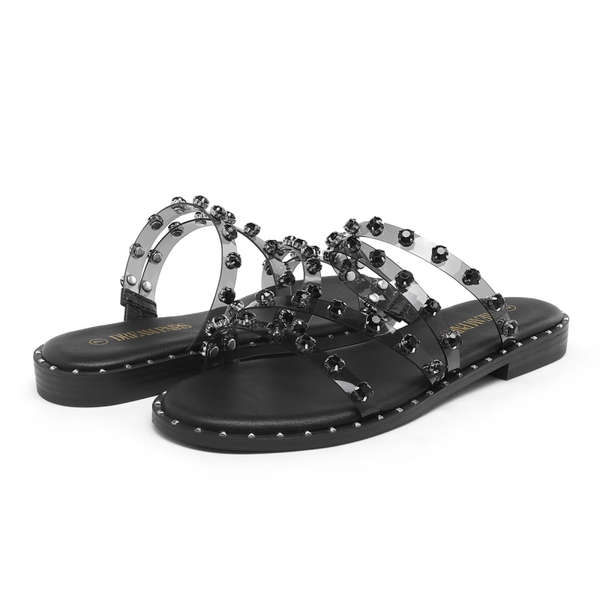 Clear Studded Rhinestone Flat Sandals - BLACK CLEAR RHINESTONE - 4